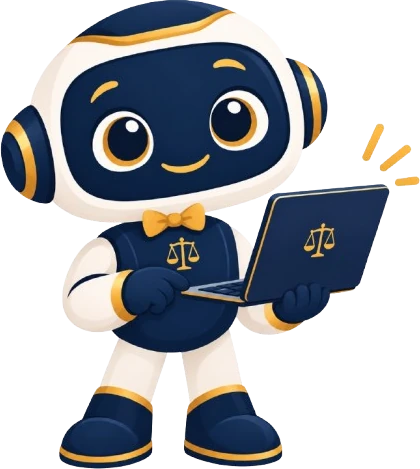 Mascote do Meu Assistente Favorito: um robô simpático, de gravata-borboleta dourada, segurando um notebook